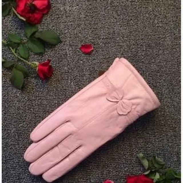 Ladies leather gloves with bow pink