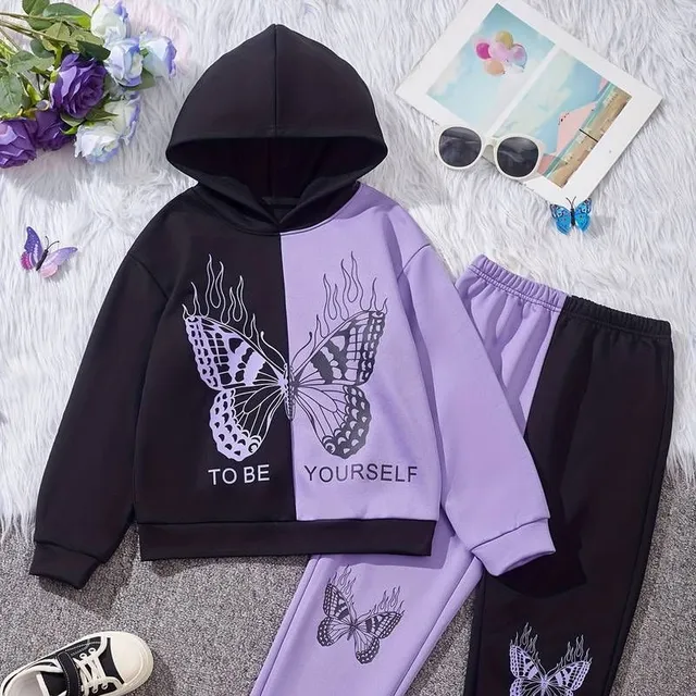 Girl two-piece set - sweatshirt and sweatpants with butterfly pattern and printing "BE SEBOU" (spring/Autumn)