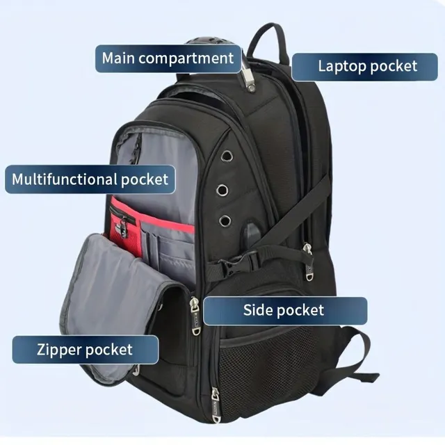 Black laptop backpack - big travel backpack for students, entrepreneurs with USB charging port