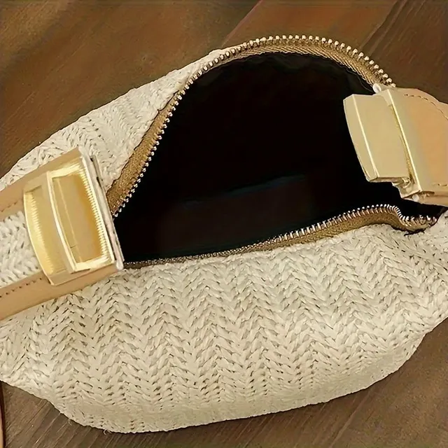 Knitted crossbody handbag for travel and beach holidays - fashionable straw purse with adjustable strap