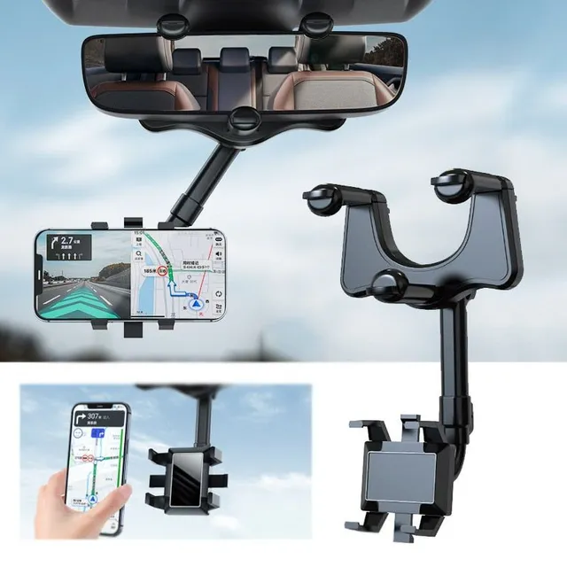 Adjustable Rotating Phone and GPS Holder for Rearview Mirror in a Car