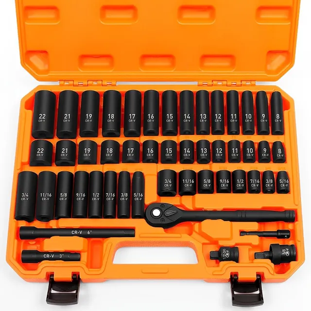 3/8" shock head tool set for metric and SAE screws (5/16" - 3/4" and 8-22 mm), hexagonal, Cr-V, with rim, extension rod and universal joint