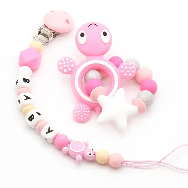 Baby silicone teether on clip pink