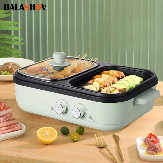 2v1 electric grill and fondue pot, small 1300W for 1-3 persons, non-stick pan - EU plug