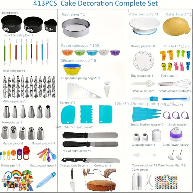 Decoration set: Stainless steel decorated toes, swivel tray, cupcakes cupcakes cupcakes, grocery scissors, baking forms, cake equals