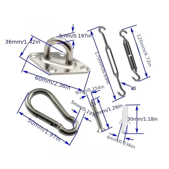 Mounting set for sun sails, stainless steel 304, accessories for triangular sail, 12.7 cm