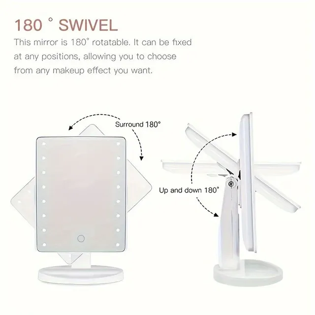 Rotary cosmetic mirror with 16 LEDs, battery power or USB