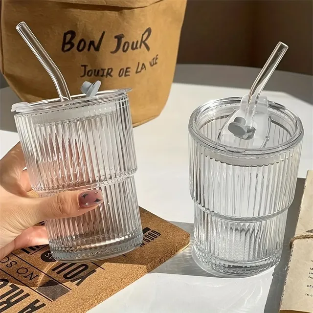 Glass coffee mug with lid and straw, 400 ml