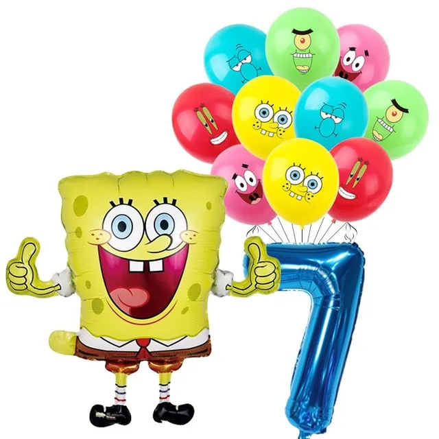 Birthday set of balloons with number and theme SpongeBob and his friends - blue