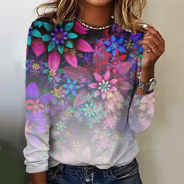 Women's long sleeve t-shirt with three-dimensional flower print - More variations