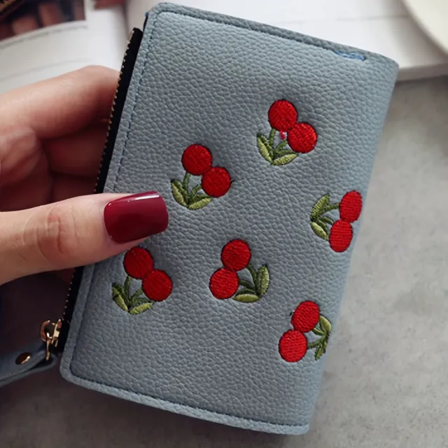 Cherry embroidered coin box wallet, zipper case