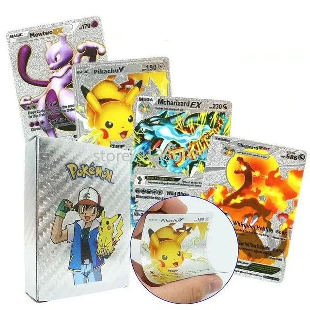 Pachet de cărți Pokémon GX VMax VStar EX Cărți Pokémon strălucitoare Cărți de colecție Pokémon Set de cărți de joc, argintiu, 55 buc