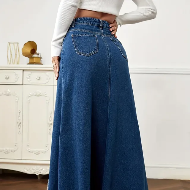 Jupe en denim élégante avec ourlet effiloché et poches obliques