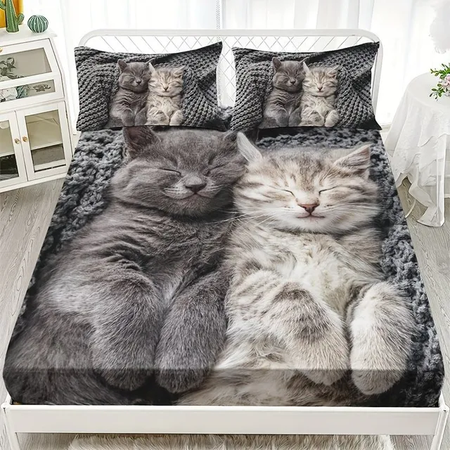 Lenjerie de pat 3D drăguță cu pisici - Cearceaf cu imprimare HD pentru saltea de apartament sau cămin