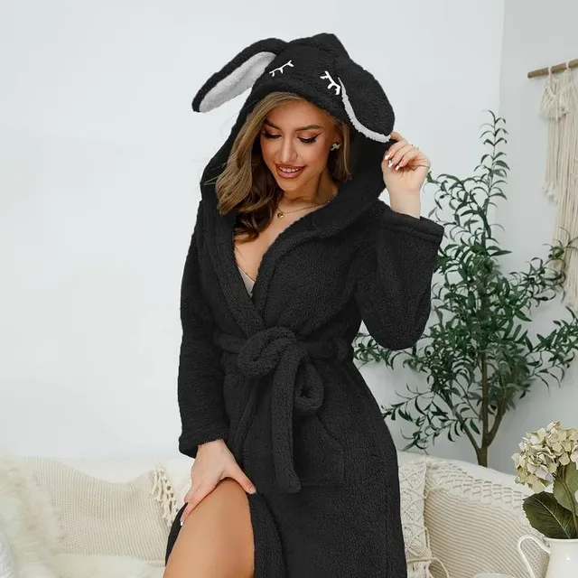 Cute hooded night gown with rabbit shape, warm and comfortable, with long sleeves, pockets and belt, ladies nightwear