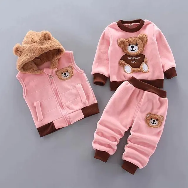 Baby warm fleece set with teddy bear applique and hood with ears