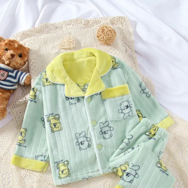 Ensemble de pyjama pour enfant avec ours, flanelle chaude, manches longues, poche