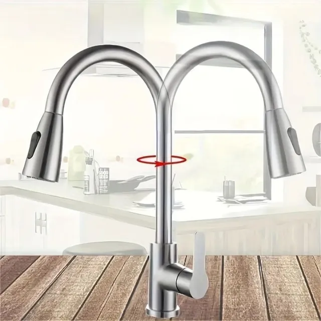 Kitchen sink mixer, stainless steel, pull-out, 360° swivel, with lever control for hot and cold water - splash protection