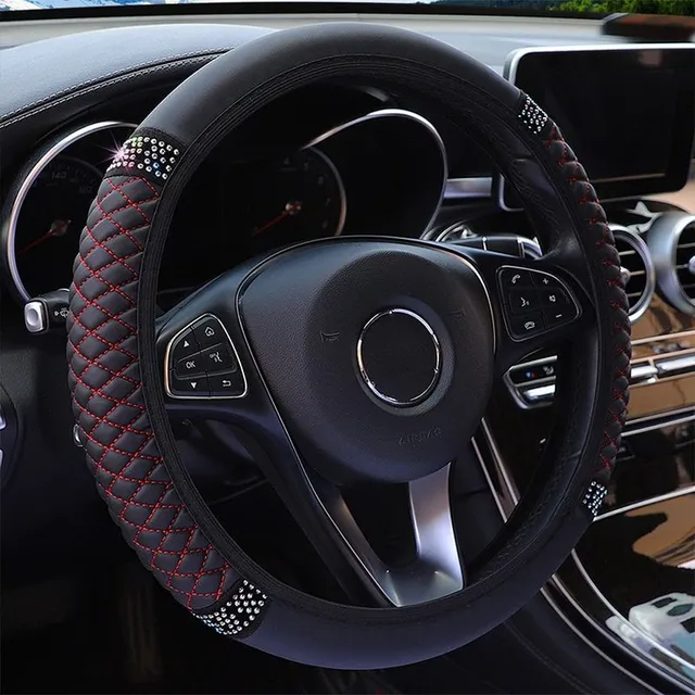 Luxury quilted steering wheel cover with rhinestones