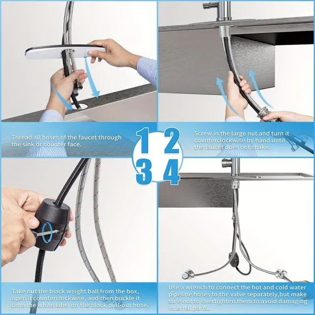 Baterie de bucătărie cu duș, din oțel inoxidabil, extensibilă, rotativă la 360°, cu manetă pentru controlul apei calde și reci - protecție împotriva stropirii