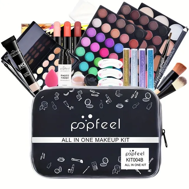 Set of make-up "all in one," light make-up sets for eye lips and face, lip gloss brush with powder face cream with a palette of eye shadow, basic cosmetics for newcomers