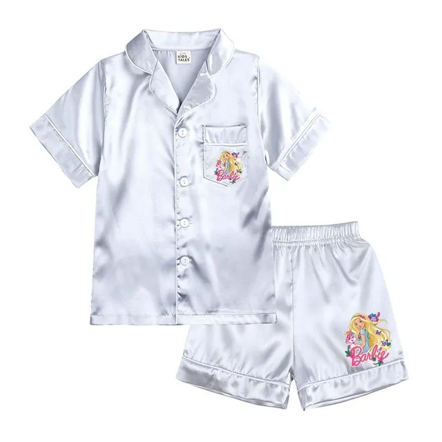 Girl modern two-piece pajamas made of shiny material with Barbie motif