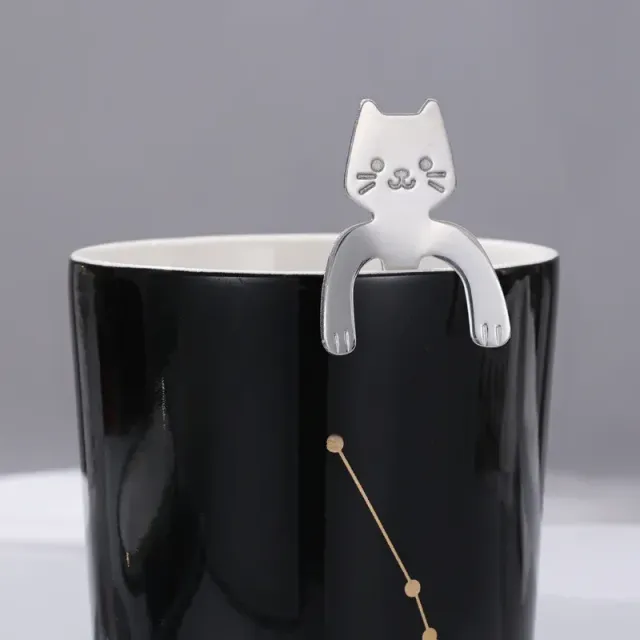 Nerezová ocelová lžička na kávu, čaj, dezert, zmrzlinu a snack ve tvaru roztomilé kočky - miniaturní lžičky pro stolování a kuchyňské náčiní
