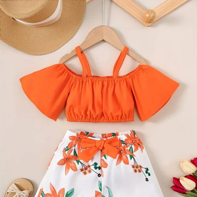 Summer set for girls with exposed shoulders and flower shorts (2 parts)