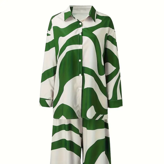 Women's two-piece set in excessive size - abstract striped printing, shirt with long sleeves and collar, trousers with high waist and wide pants