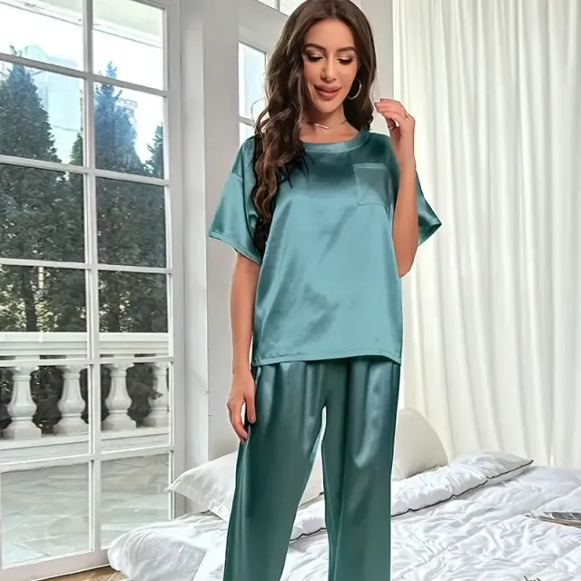 Pyjama en satin pour femme, ensemble à manches courtes et pantalons longs