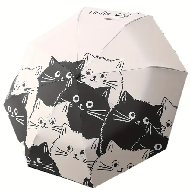 Automatic black and white umbrella with cute cartoon cats