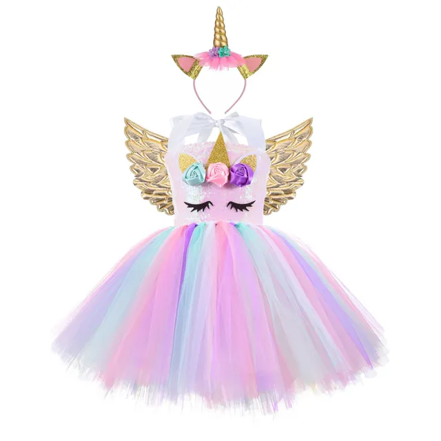 Girl's sequin tulle dress with unicorn with wings and headband