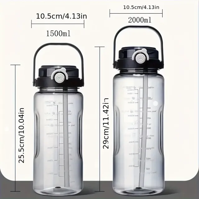 Large portable water bottle with straw and time scale 2000 ml