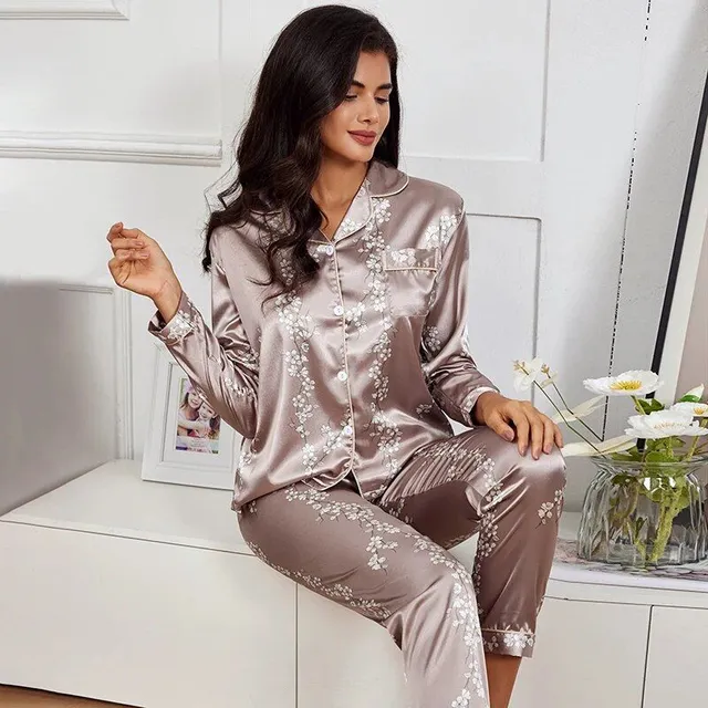 Pijama de damă din satin de mătase pentru primăvară/toamnă - Mâneci lungi și pantaloni