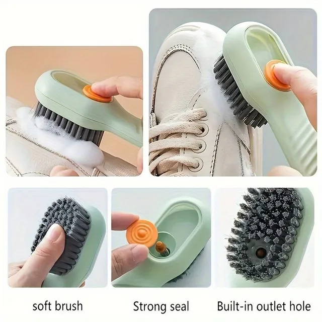 Brosse 2 en 1 pour chaussures et linge avec distributeur de détergent intégré - sans électricité