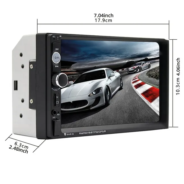 Car multimedia player 1080P Full HD with FM radio, phone mirroring, backup camera support, remote control and AUX audio.