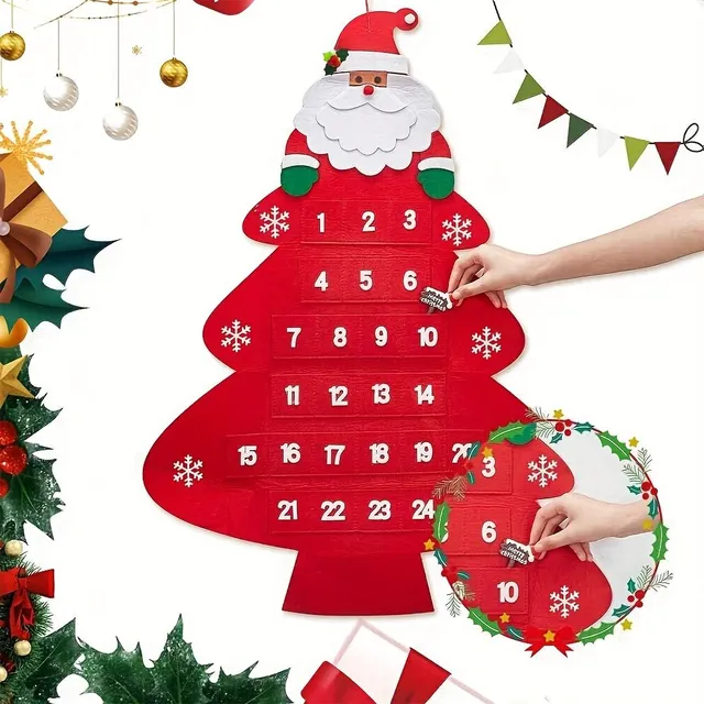 Calendar de Advent din fetru pentru perete în formă de brad de Crăciun cu decorațiuni pentru sezonul festiv și Anul Nou