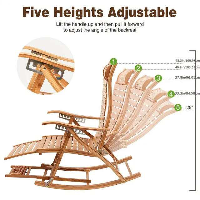 Ergonomisches Bambus-Liegestuhl mit verstellbarer Höhe, Schaukel-Relaxsessel und Fußstütze