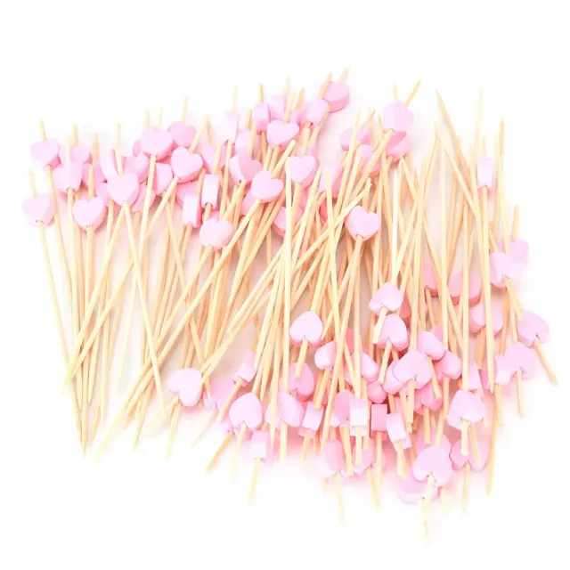 100 pcs of wooden toothpicks decorated with colored hearts