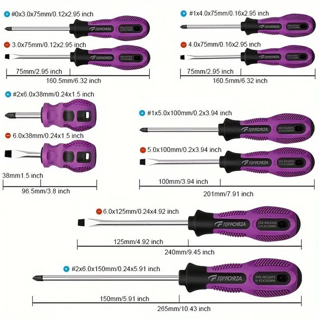10 piece magnetic set of screwdrivers, 5 cross and 5 flat, anti-slip tools for repair, renovation and DIY projects