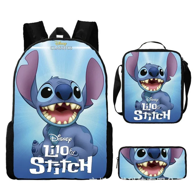 Set pentru copii cu 3 piese școlare cu motivele personajelor animate preferate Lilo și Stitch Rucsac / Geantă peste umăr / Penar