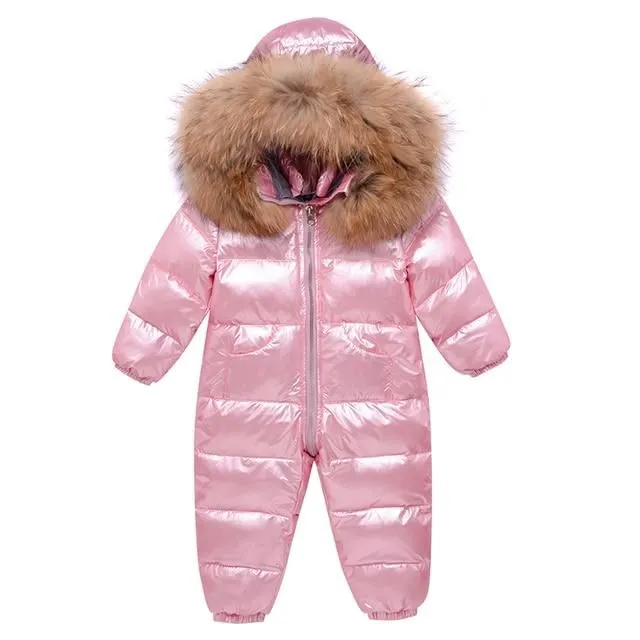 Children's warm winter jumpsuit with faux fur around the hood