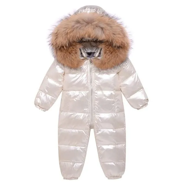 Children's warm winter jumpsuit with faux fur around the hood