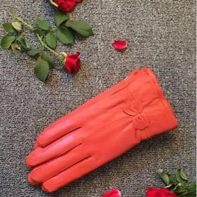 Ladies leather gloves with bow orange