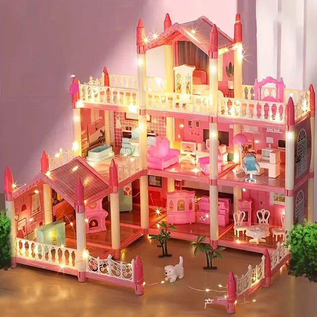 Domček s 9 izbami a nábytkom, DIY Assembly for Children, Toy, Castle, Malý domček - Vianočný darček pre dievčatá