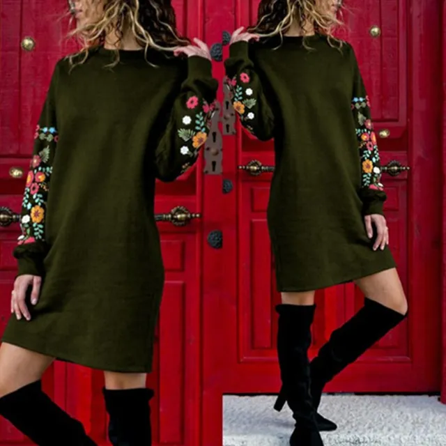 Mini sukienka dla kobiet z haftem kwiatowym Army Green S