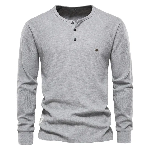 Strick Herren Henley Shirt mit langen Ärmeln - Grundlegendes atmungsaktives Herrenoberteil, neue einfarbige Shirts für den Herbst