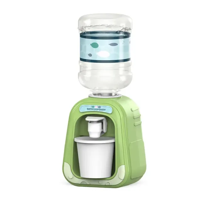 Mini water dispenser for children with cute motif for simulation of cold/hot water