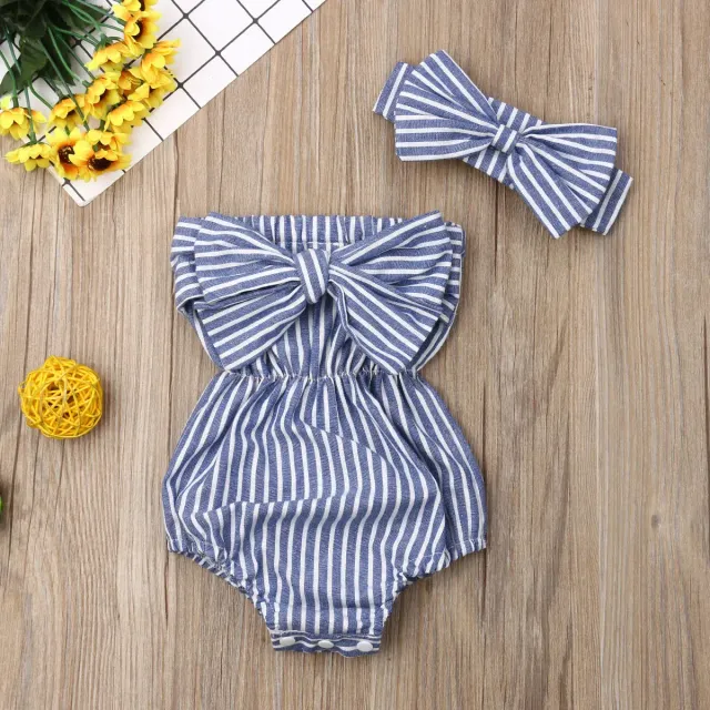 Children's overall with bow and stripe pattern + headband