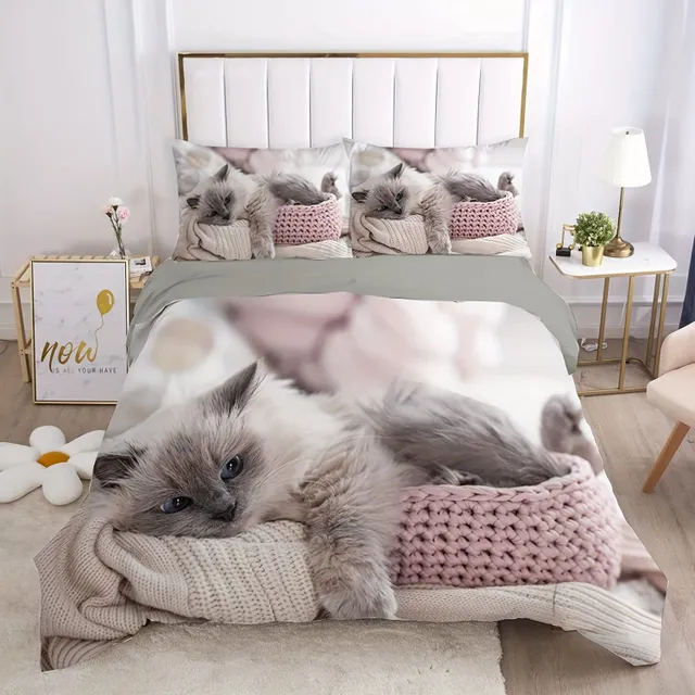 Lenjerie de pat cu pisicuțe drăguțe pentru cearceaf și pernă